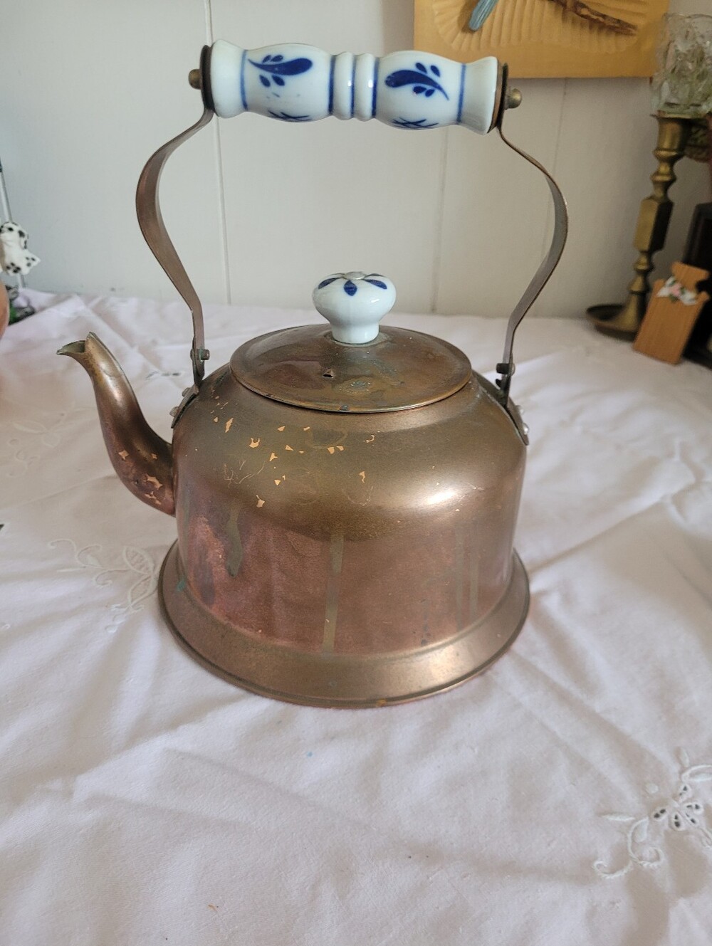 Vintage Copper Teakettle with White & Blue Porcelain Handle - Picture 2 of 13